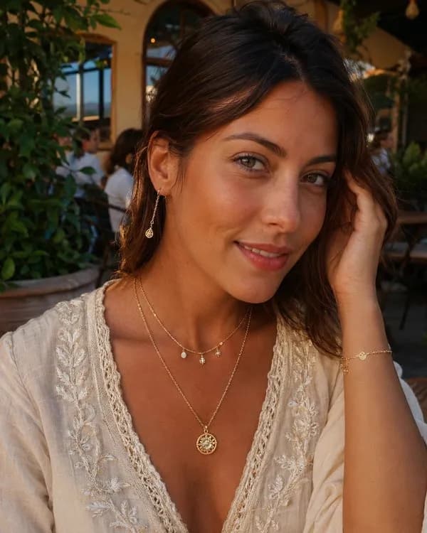 Customer wearing jewelry in natural outdoor setting