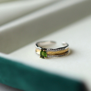4x6mm Natural Diopside Ring Gold-Plated Sterling Silver Adjustable Size